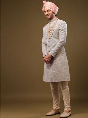 Powder Blue Silk Sherwani Set in Zari and Sequins Embroidery